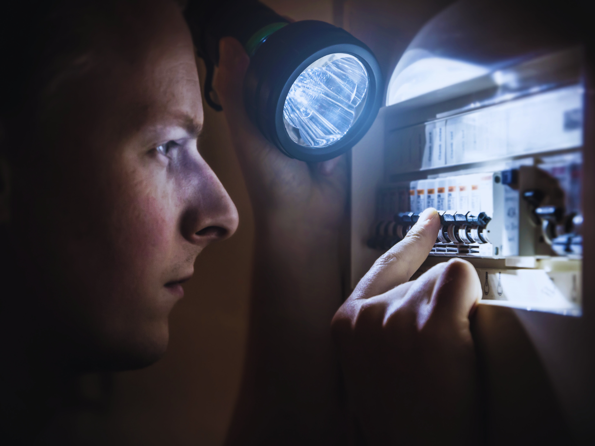 Homeowner looking over breaker box after power outage 